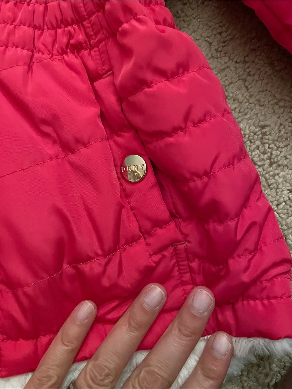 DKNY Girls' Bright Pink Reversible Hooded Quilted Puffer Coat